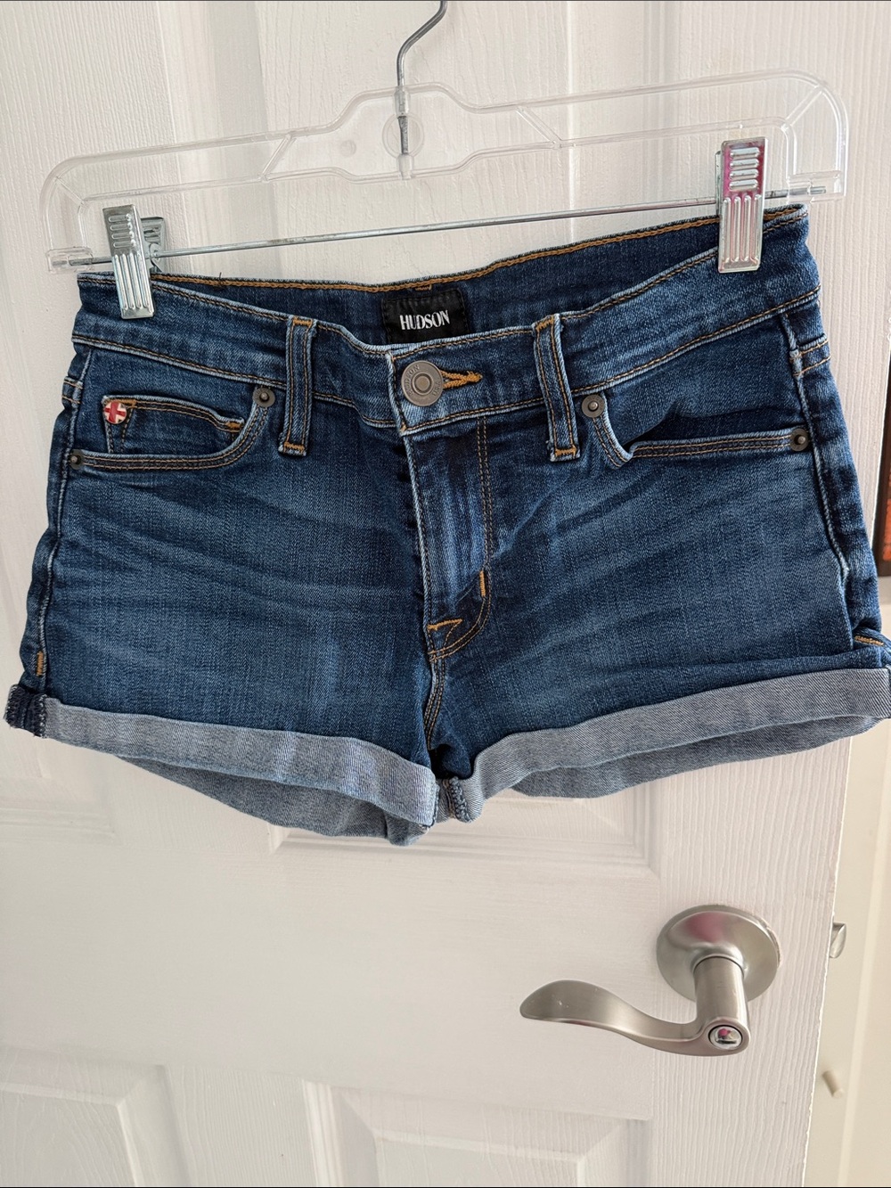 Hudson Jeans denim shorts in a dark wash, a cuffed hem classic 5-pocket